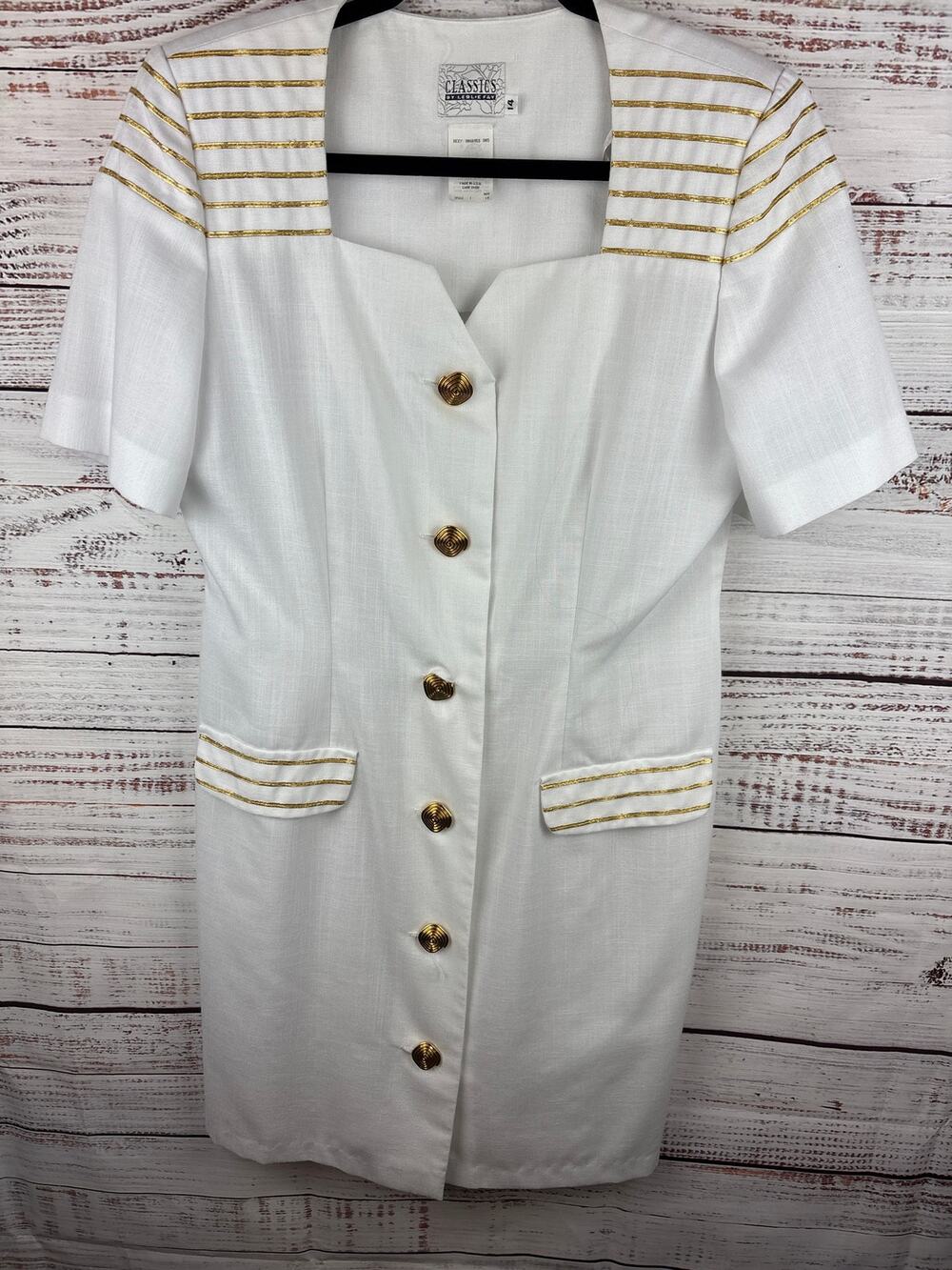 Womens VTG 80s Leslie Fay White Gold Button Front Blazer Dress Shoulder Pads 14
